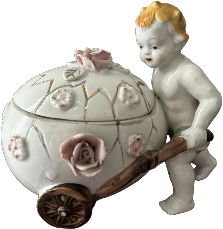 Vintage Figura Querubín Porcelana Empujando Japón Blanco