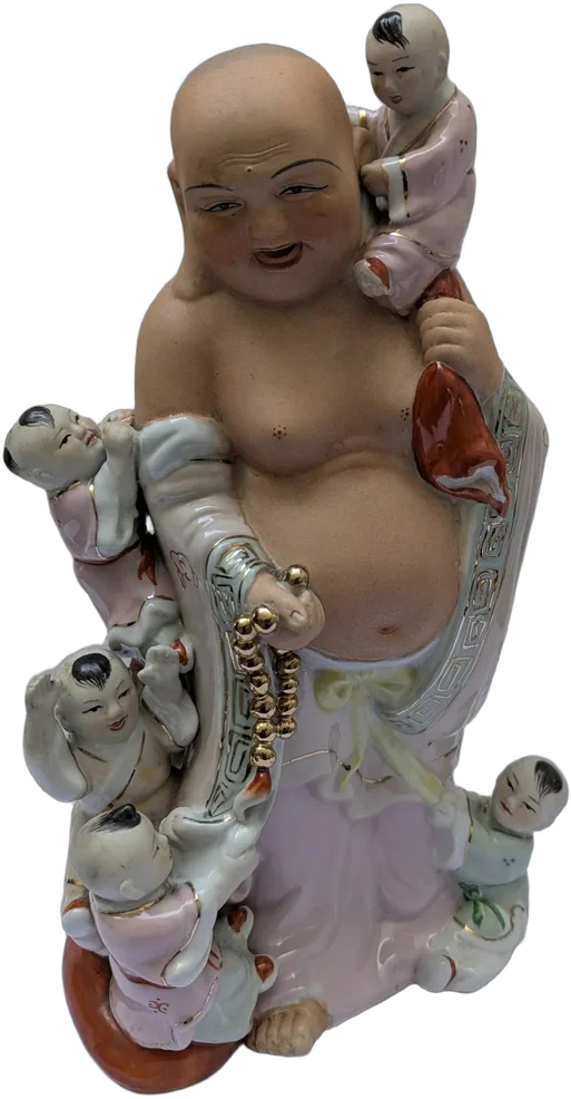 Antiguo Buda De La Felicidad Con Cinco Niños Coral Claro