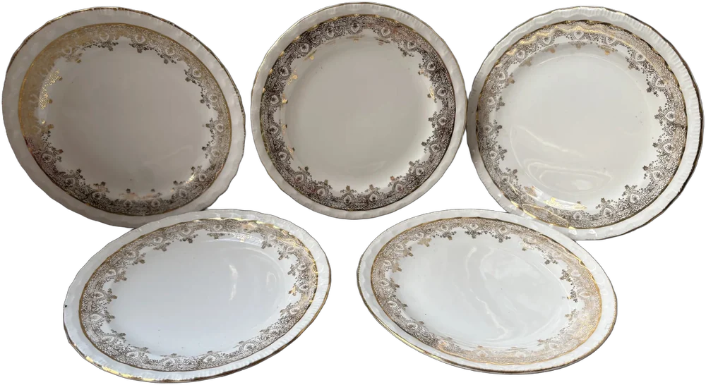 Vintage 5 Platos De Vajilla Pastel Harlem Crockery Blanco Geométrico