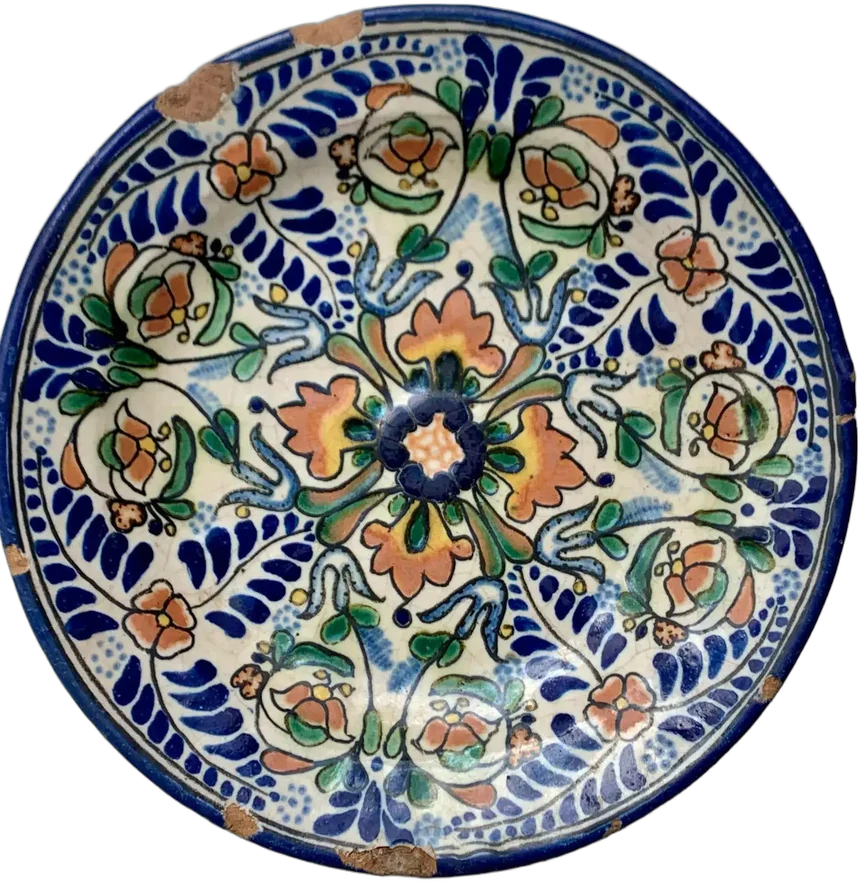 Antiguo Plato Talavera Poblana Diseño Clásico Multicolor Floreado