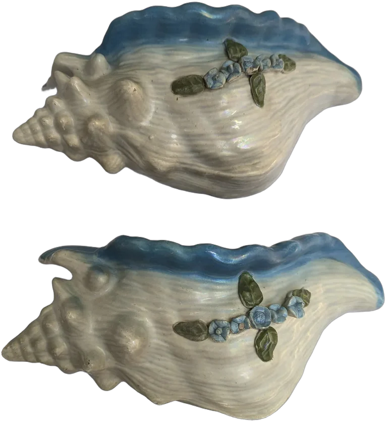 Vintage Pareja Macetas De Pared Caracol Cerámica Iridiscente Azul Claro Caracol