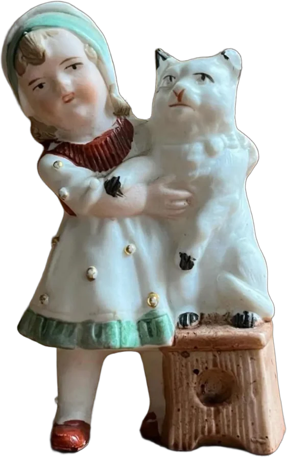 Antiguo Palillero Porcelana B Niña Y Gato
