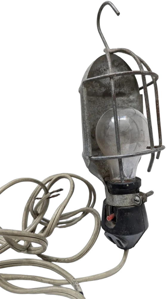 Antiguo Candil De Mano Industrial Con Jaula Y Gancho Taller