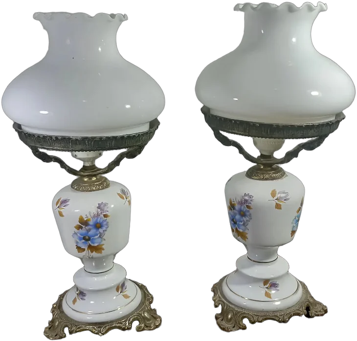 Vintage Lámparas Mesa Quinqué Vidrio Y Cerámica Floral (par) Blanco