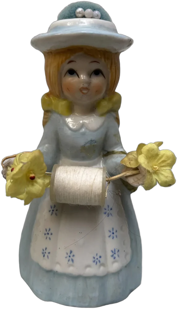 Vintage Alfiletero En Forma De Niña Porcelana Azul Acero Niña Alfiletero