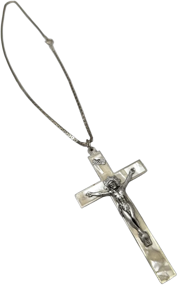 Antiguo Crucifijo Con Imitación Nácar Y Cadena Plateado Con Tonos Nácar