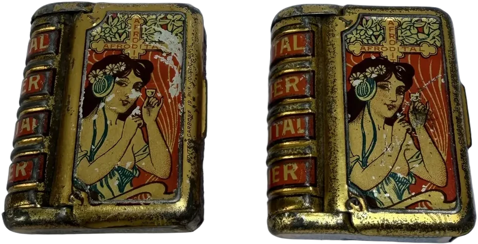 Dos Cajitas De Lata Antiguas De Colección Afrodital Garnier Litografíadas Forma Libro
