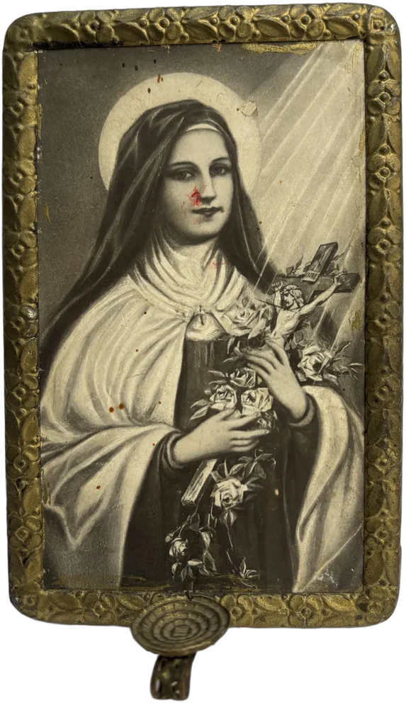 Antiguo Cuadro Santa Teresita Marco Latón Sepia Dorado Oscuro