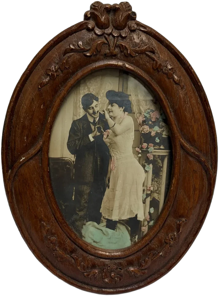 Antiguo Portaretrato De Madera Ovalado Tallado A Mano Marrón Flores Talladas