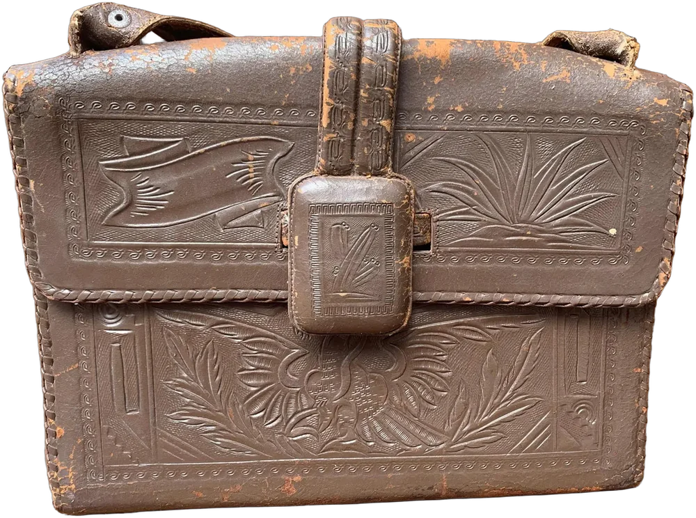 Vintage Maleta Mano Mexicana Piel Marrón Prehispánico