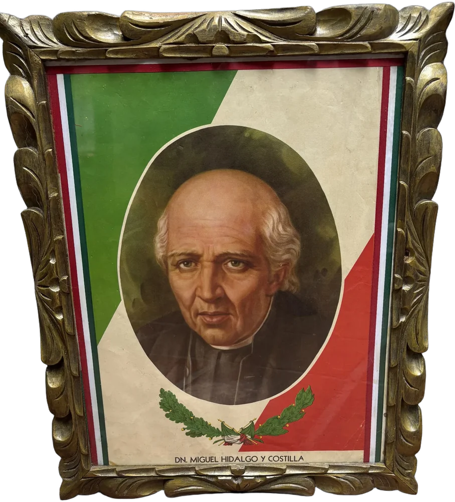 Antiguo Póster De Miguel Hidalgo Marco Madera Tallada