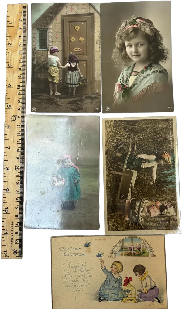 Lote De 5 Postales Antiguas Niños Y Niñas Sepia Y Color