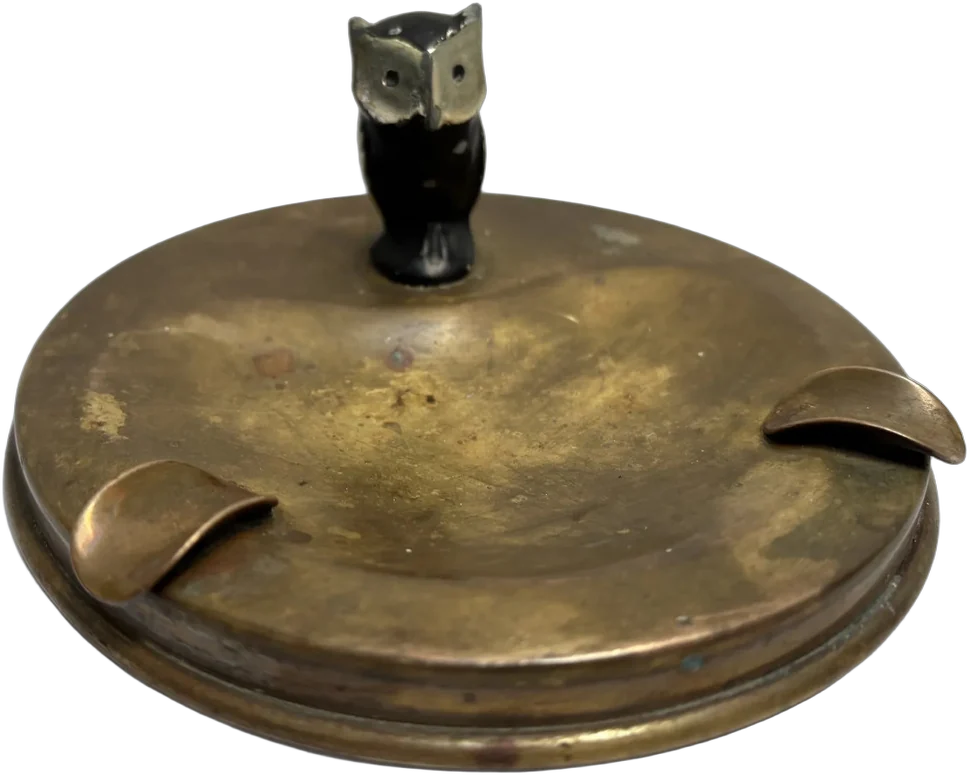 Antiguo Cenicero Con Figurita De Búho Bronce Y Acero Dorado Oscuro Con Figurita De Búho