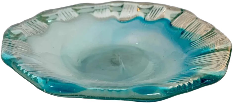 Antiguo Plato Dulcero Vidrio Soplado Ondulado , Vintage Azul Rayas