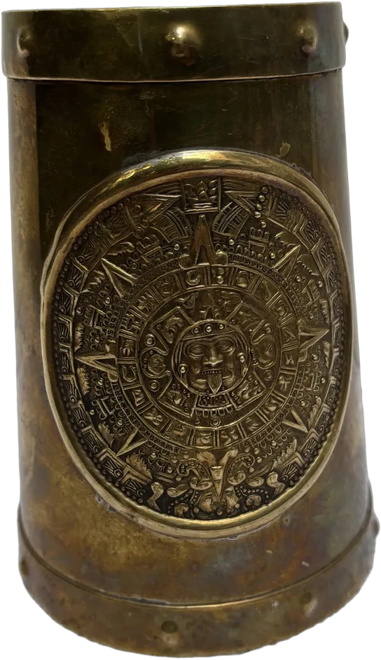 Vintage Tarro Cervecero Metal Y Bronce Calendario Azteca Calendario Azteca