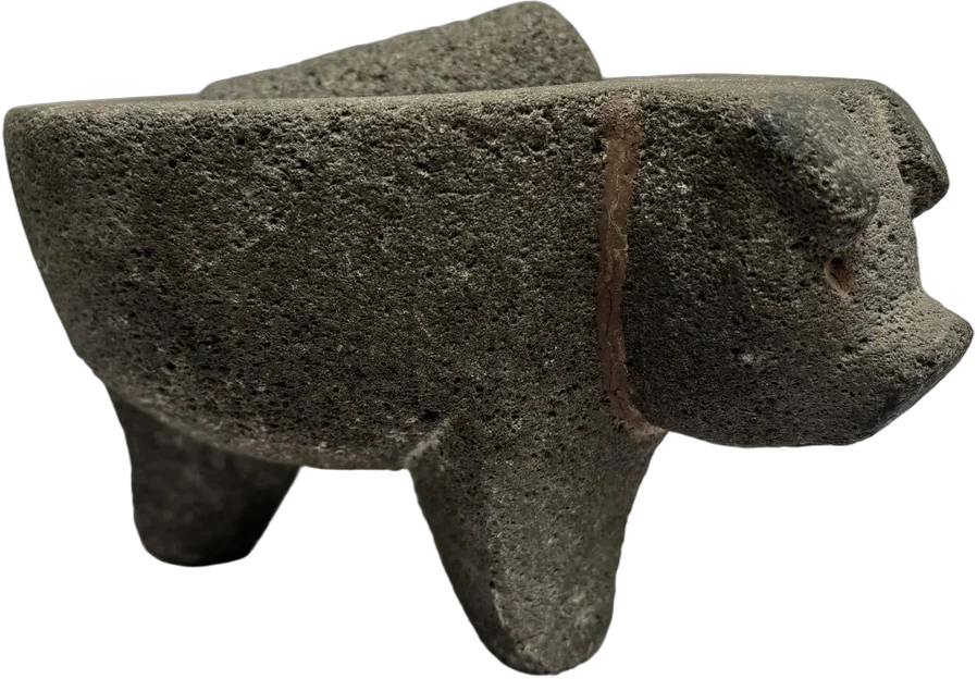 Antiguo Molcajete Piedra Volcánica Figura Cerdo Gris Oscuro