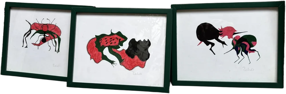 Cuadros Dibujos De Insectos Reproducciones Rojo, Verde Y Negro Verde Oscuro