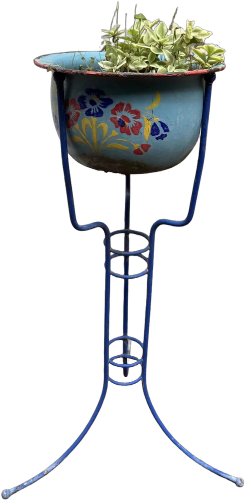 Vintage Macera Bacinica Antigua Con Soporte Azul Petróleo Flores