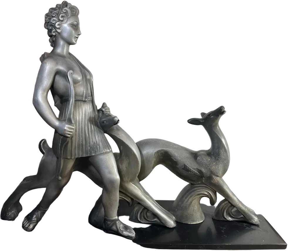 Figura Mujer Con Ciervos Art Deco Plateado