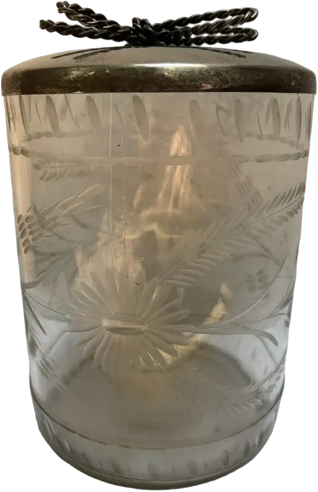 Antiguo Frasco De Cocina Vidrio Esmerilado Y Tapa Plateada Flores