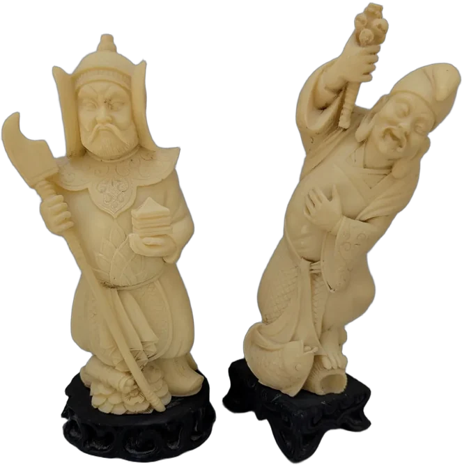 Antiguo Par De Esculturas Orientales Resina Tipo Marfil Suela