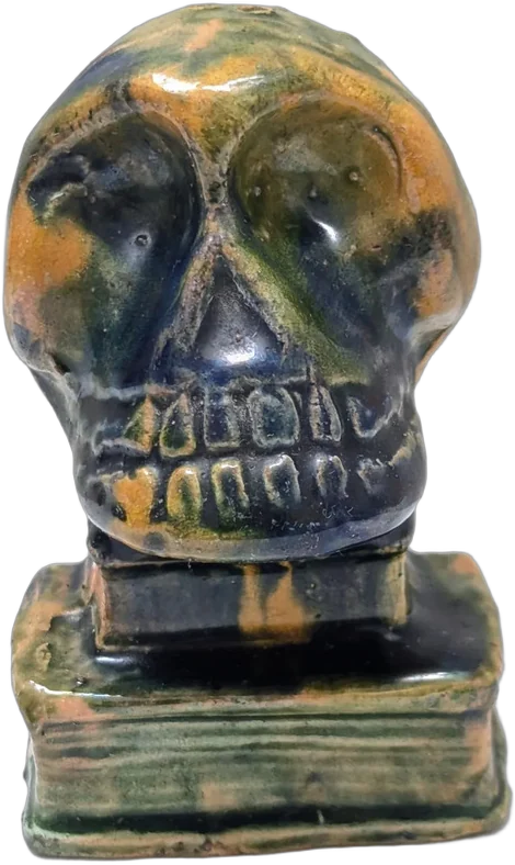 Antiguo Salero Calavera Memento Mori Ciencia Barro Vidriado Verde Con Tonos Amarillos Y Negros