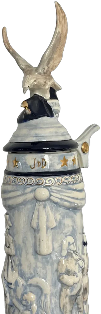Vintage Jarra De Cerveza Porcelana Blanco Con Detalles Azules Y Dorados