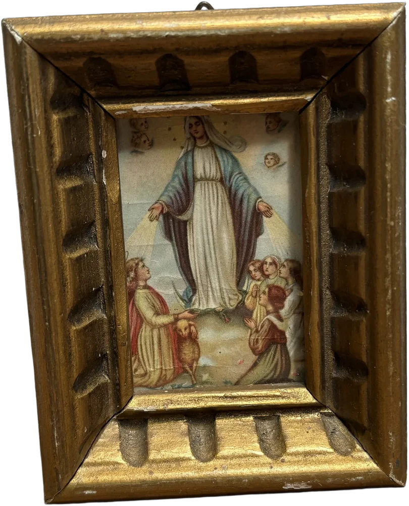 Antiguo Cuadro Pequeño De La Virgen De La Medalla Milagrosa Dorado