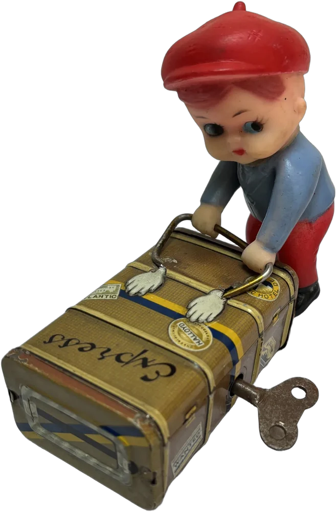 Antiguo Juguete De Hojalata Y Celuloide Niño Maletero