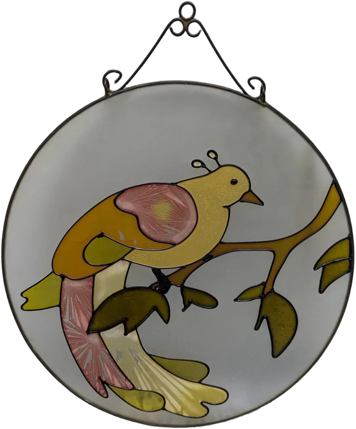 Vintage Medallón Vitral Circular Ave En Rama Marco Metal