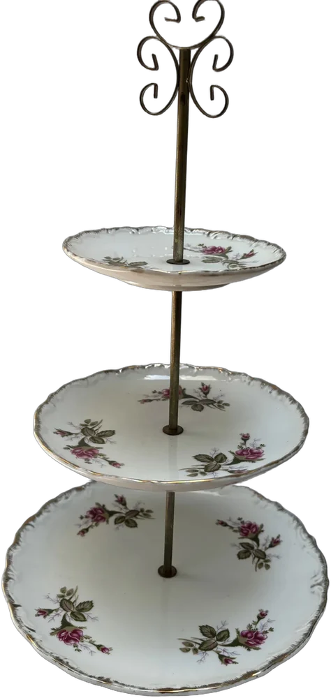 Vintage Dulcero Platos Porcelana Y Bronce Tres Niveles Multicolor Flores