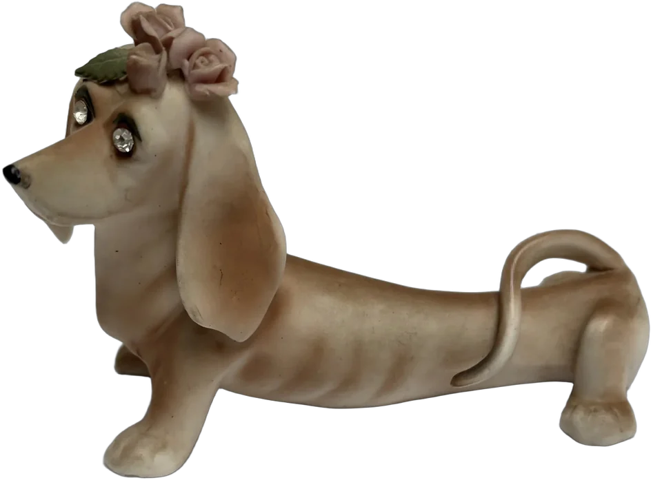 Vintage Figura Porcelana Europea Perro Salchicha Rosa