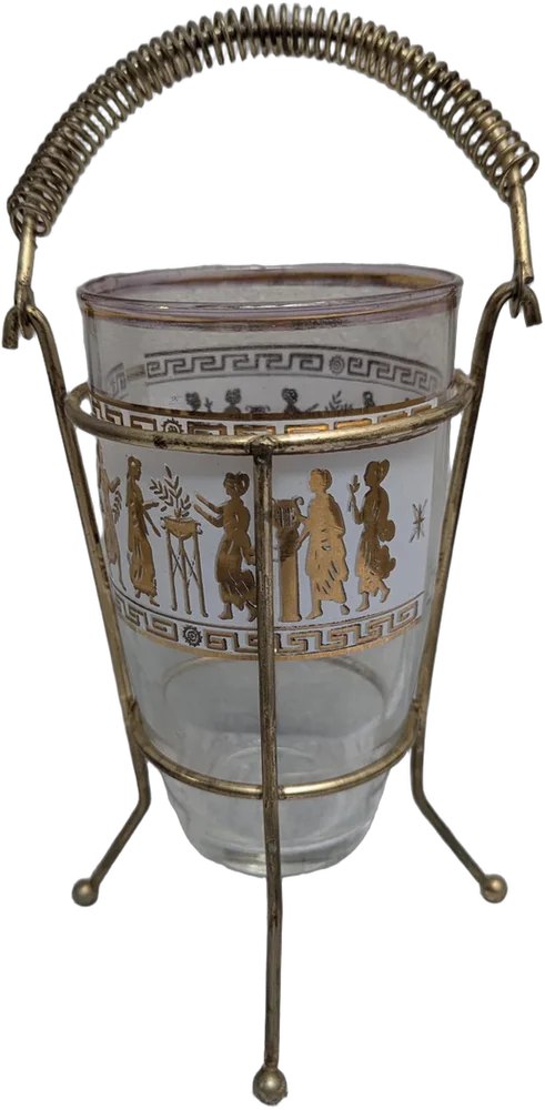 Vintage Hielera Vidrio Con Base Metálica Y Motivos Griegos Agua Griega