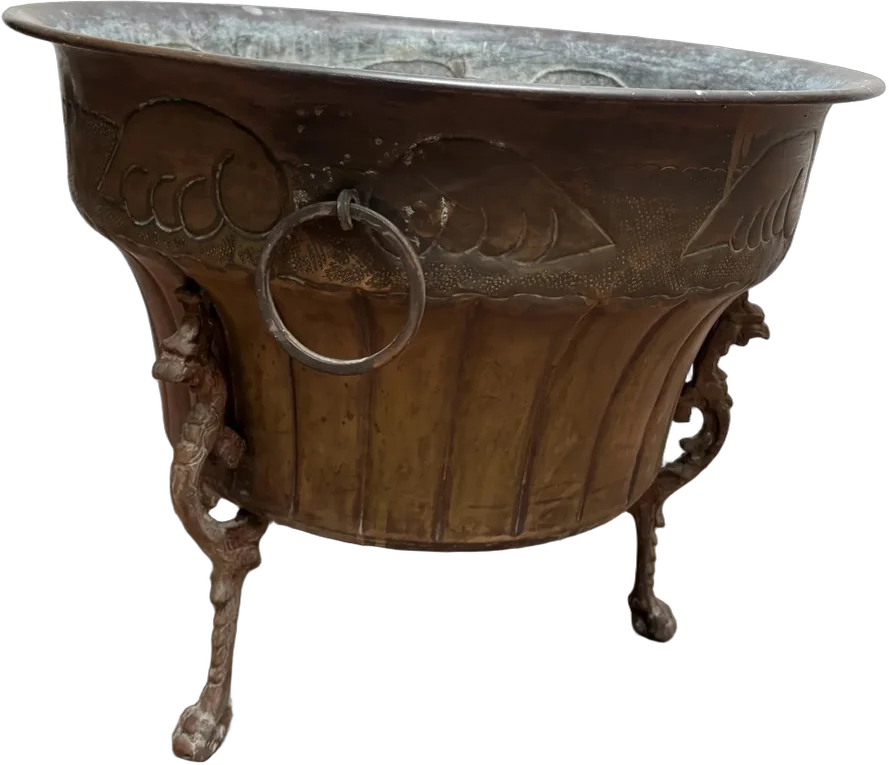 Macetero O Leñero Antiguo De Bronce Y Cobre 1900 Dorado Oscuro Antiguo