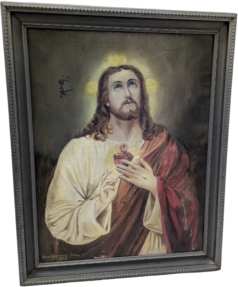 Óleo Antiguo Sagrado Corazón De Jesús 1938 G.e.h.