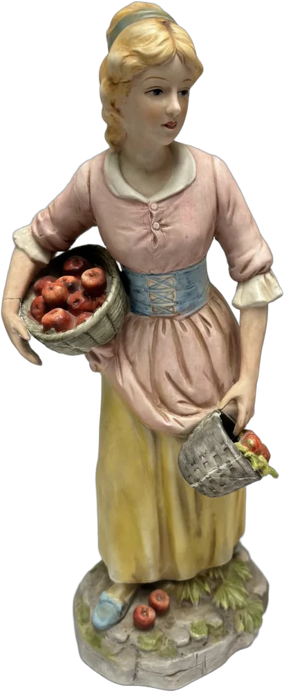 Estatuilla Vintage Porcelana Mujer Campesina Con Detalles Multicolor