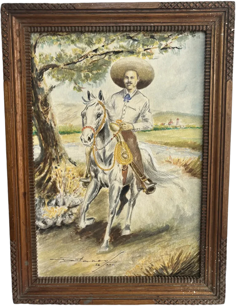 Cuadro Antiguo De Charro A Caballo Multicolor Marrón