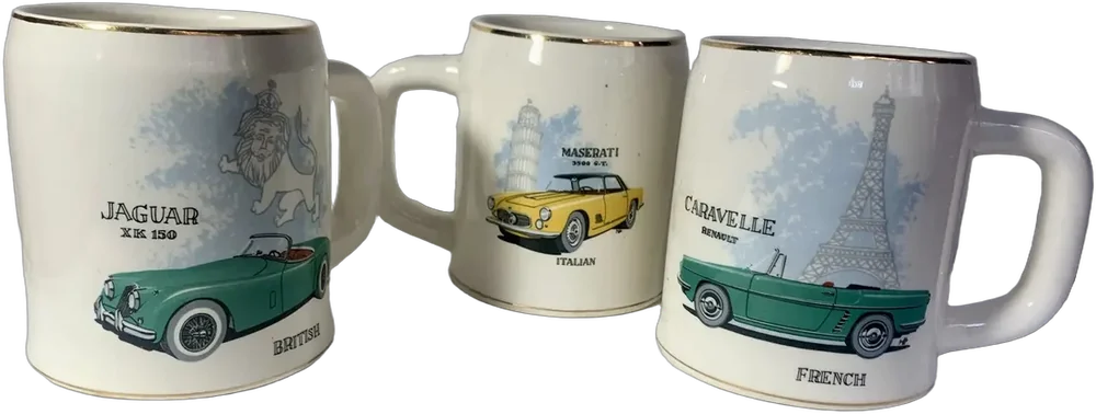 Vintage Tarros Porcelana Carros Deportivos San Isidro Blanco Con Detalles Dorados Y Estampado Multicolor Carros Deportivos