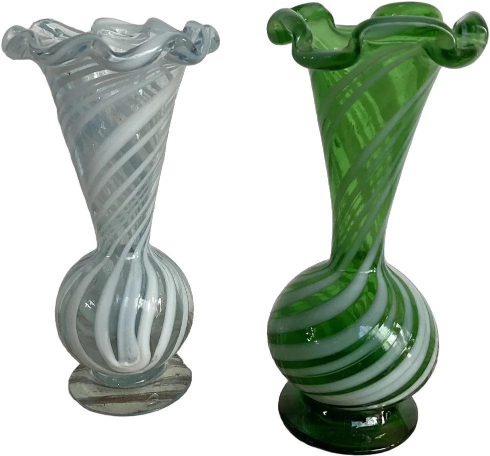 Antiguos Floreros Vidrio Soplado Estilo Remolino Verde Rayas — imagen 1