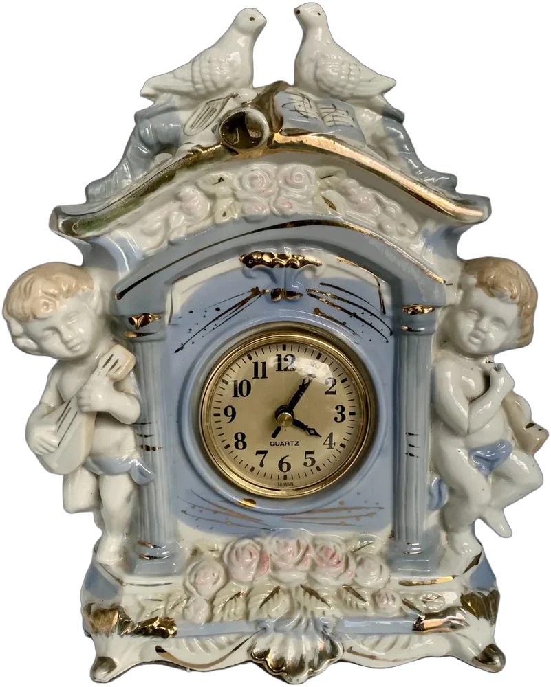 Vintage Reloj De Mesa Querubines Y Palomas Porcelana Azul Y Blanco