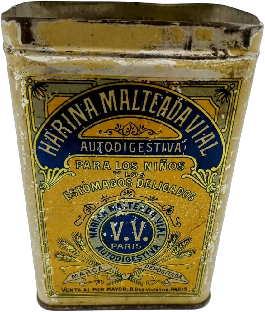 Antigua Cajita Lámina Harina Malteada Vial.