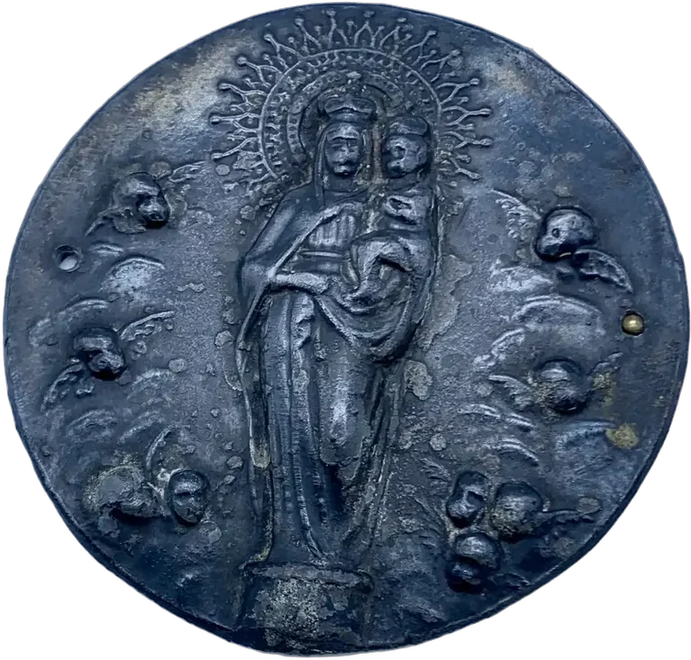 Antigua Plaquita Cobre Virgen Y Ángeles