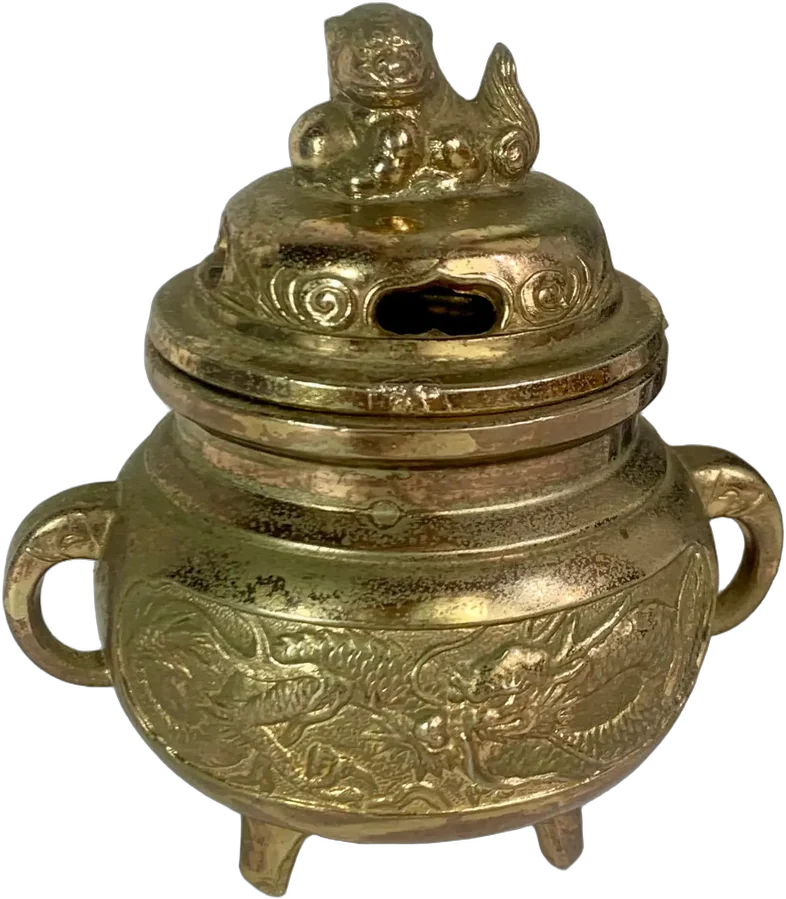 Antiguo Quemador De Incienso Leon Laton Dorado Oscuro León Y Dragones