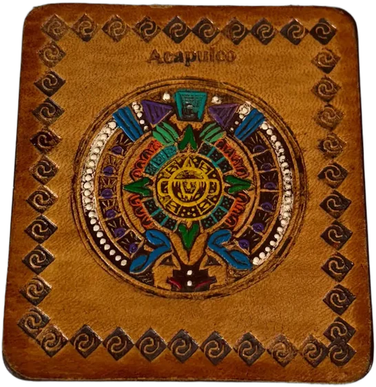 Vintage Cigarrera Calendario Azteca Cuero Marrón Claro Calendario Azteca