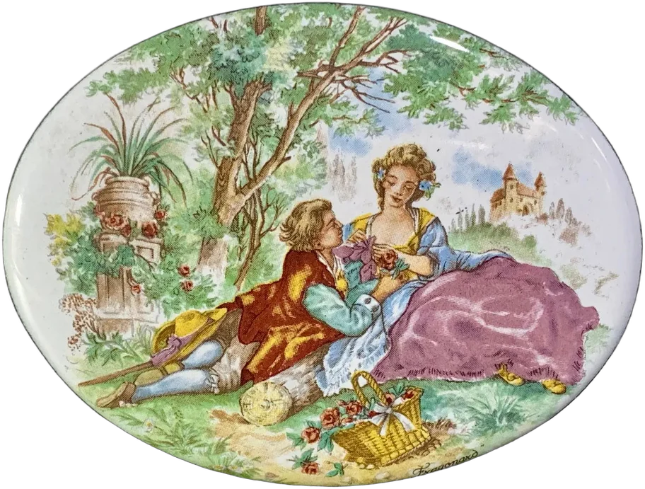 Antigua Placa Esmaltada Decorativa Estilo Rococo Fragonard Pareja Novios