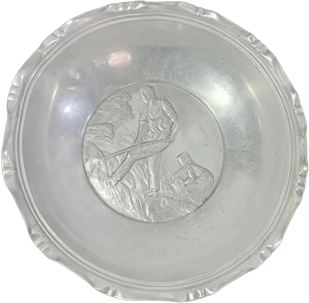 Antiguo Tazón Pewter Decorado Escena Campirana Plateado