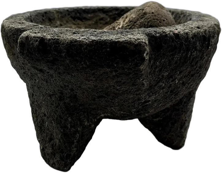 Molcajete Antiguo Piedra Volcánica Con Mano Gris Oscuro