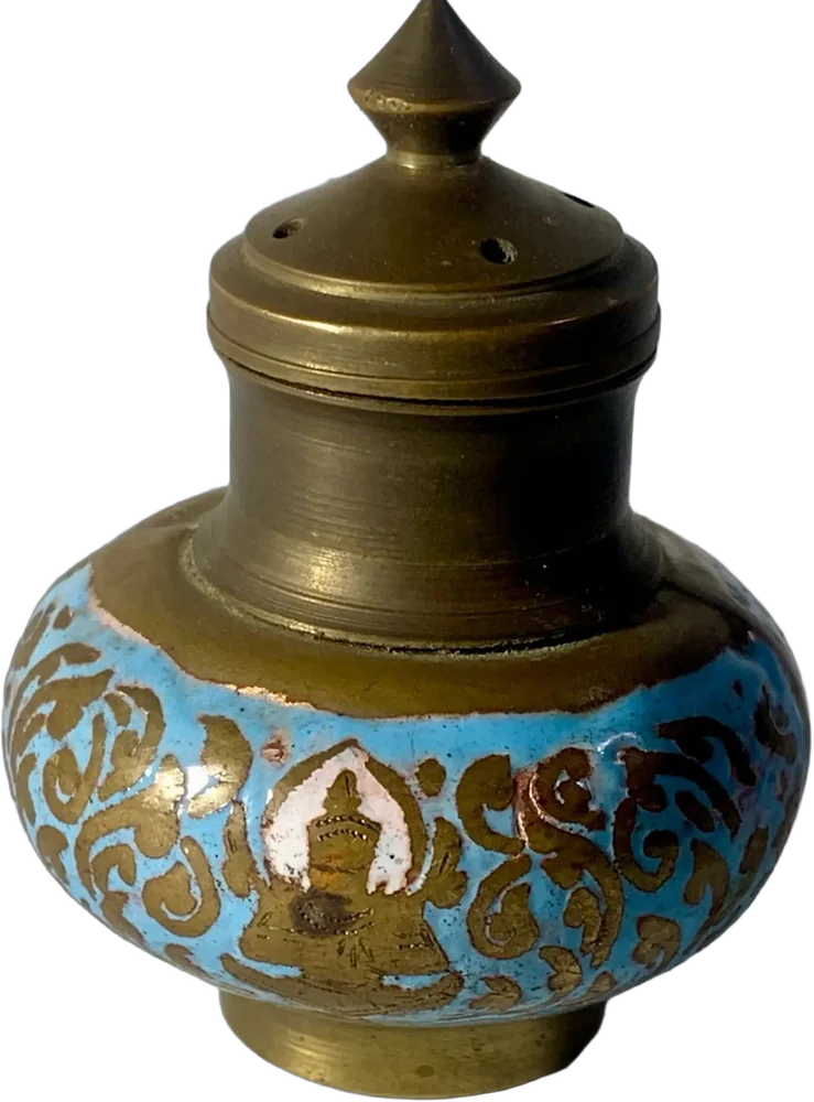 Antiguo Salero, Pimientero, Especiero Imagen Buda Sentado Dorado Oscuro