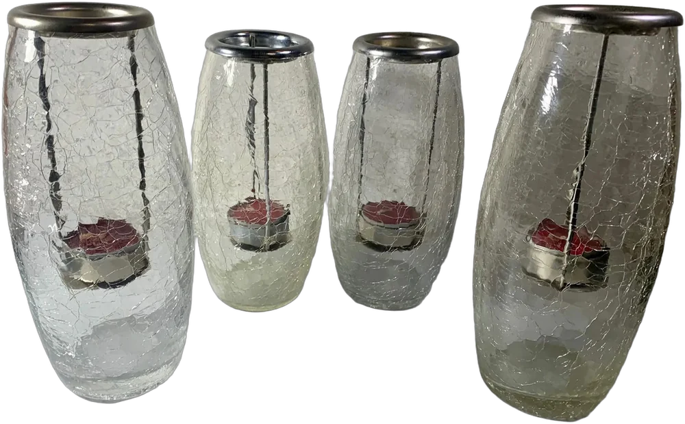 Vintage 4 Porta Velas Vidrio Craquelado Transparente Y Plata