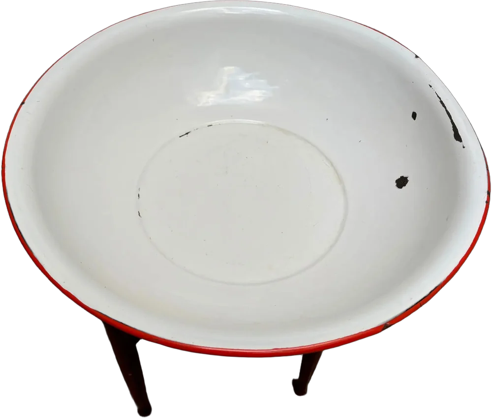 Antigua Palangana Peltre Banco Borde Rojo Blanco Y Rojo